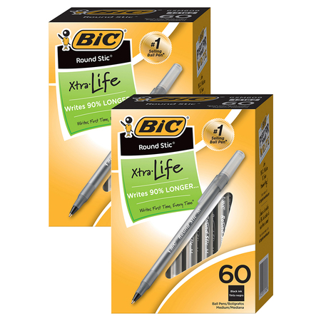 Bic Round Stic® Xtra Life Ball Pen, Black, 60 Per Pack, PK2 GSM609BK